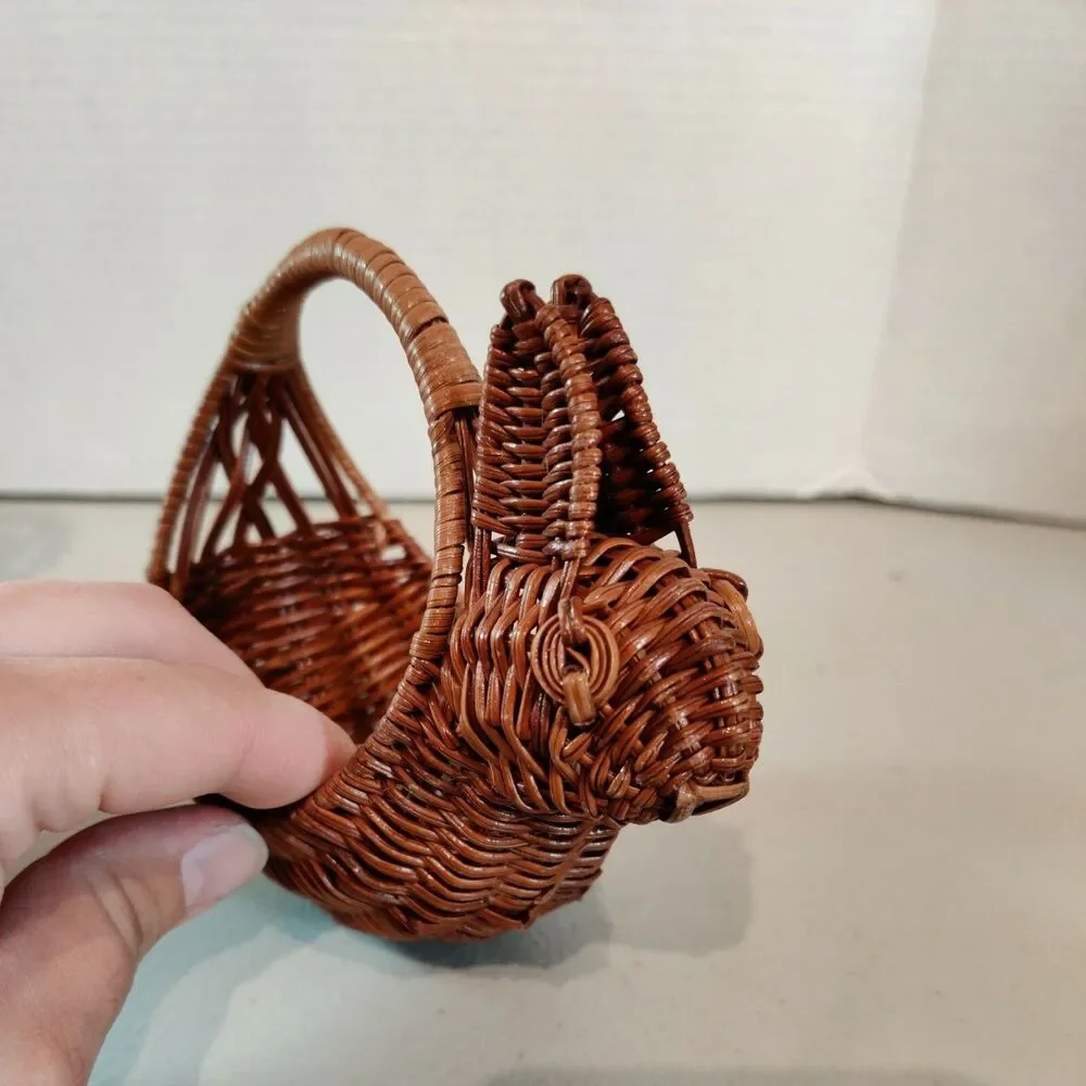 (2) VTG Rattan Wicker Woven Duck Turkey Goose Basket Wooden Beak & Small Rabbit